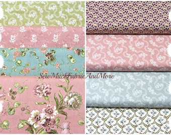 May include: A collection of eight fabric swatches in various floral and geometric patterns. The swatches are arranged in two rows of four, with each swatch labeled with a number from 1 to 8. The fabrics are in shades of pink, green, blue, and white.