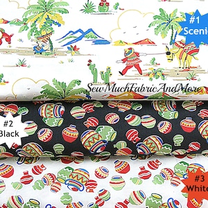 May include: Three fabric swatches with different patterns. The top swatch is white with a colorful scene of a man on a donkey, palm trees, and mountains. The middle swatch is black with a repeating pattern of colorful pots. The bottom swatch is white with a repeating pattern of colorful pots. The swatches are labeled #1 Scenic, #2 Black, and #3 White.