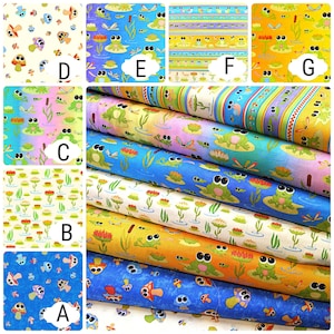 May include: A stack of colorful fabric featuring different patterns of frogs, lily pads, dragonflies, and mushrooms. The fabrics are arranged in a grid with letters A through G labeling each fabric.