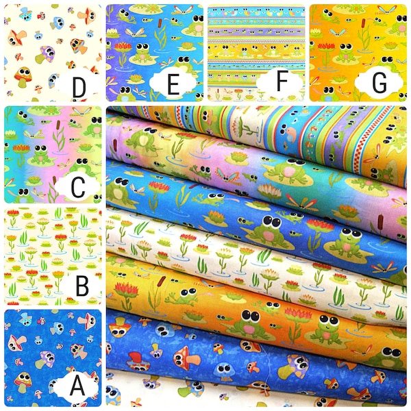 HIP HOP fabric-by the yard & 1/2 yard-cotton-QT fabrics-frogs-toadstools-lily pads-7 selections