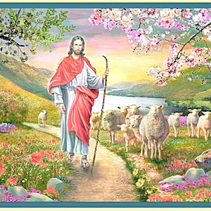 The Good Shepherd Large fabric panel- 36&quot; x 44&quot;-Quilting Treasures-cotton-Jesus-Religious