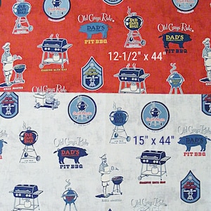 May include: Fabric with a red background featuring a repeating pattern of grilling-themed illustrations. The design includes images of grills, chefs, and text that reads "Old Guys Rule" and "Dad's Pit BBQ". The fabric measures 12.5 x 44 inches.