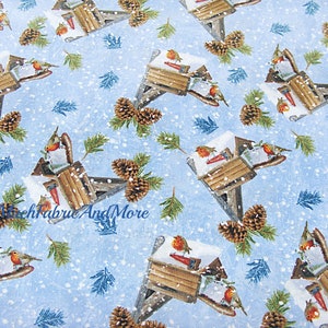 Winter Cottage fabric-by the yard and 1/2 yard-cotton-Henry Glass & co-Birds-Mailboxes-Christmas