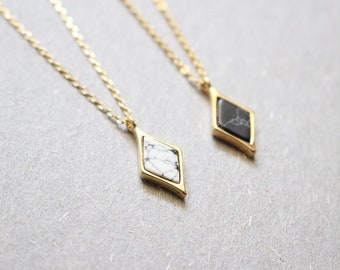 Diamond Howlite Stone necklace, Arrow necklace, Rhombus, White stone, Black stone, Geometric necklace, Bridesmaid gift, Wedding necklace