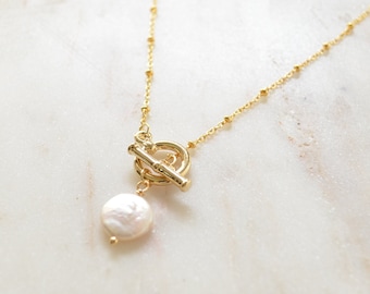Collier à bascule de perles d'eau douce en or, collier à bascule en argent, collier de perles baroques, chaîne de perles, collier de mariage, collier de demoiselle d'honneur