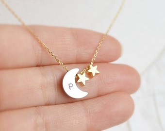 Personalize Moon Star necklace, Crescent necklace, Initial necklace, Bridesmaid gift, Wedding necklace, Celestial Necklace, Mothers day gift