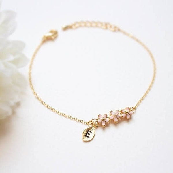 Custom Cherry blossom bracelet, Pink flower, Sakura, Flower girl gift, Bridesmaid gift, Wedding bracelet, Initial, Letter, Gift for her