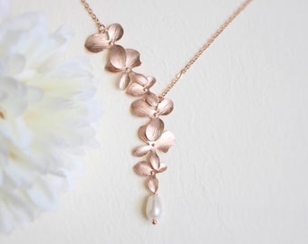 Orchid flower and Freshwater pearl necklace, Rose gold, Bridesmaid gift, Bridesmaid necklace, Wedding necklace, Mothers day, gift for her