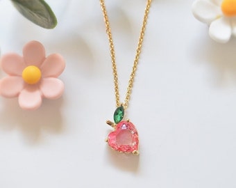 Collar de melocotón, collar de melocotón de Ariana Grande, piedra rosa, niña de las flores, regalo de dama de honor, para ella, fruta, collar de boda, pendientes de melocotón