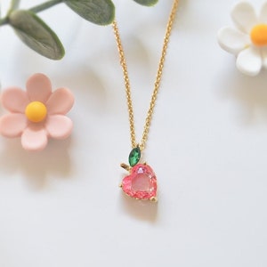 Collar de melocotón, collar de melocotón de Ariana Grande, piedra rosa, niña de las flores, regalo de dama de honor, para ella, fruta, collar de boda, pendientes de melocotón imagen 1