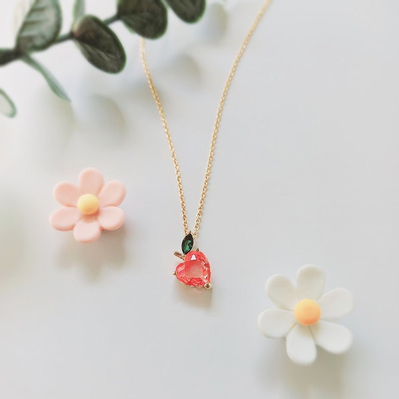 Peach necklace, Ariana Grande Peach necklace, Pink stone, Flower girl, Bridesmaid gift, For her, Fruit, Wedding necklace, Peach earrings zdjęcie 5