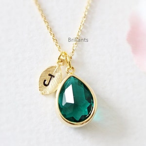 Personalized Green Stone necklace in gold, Emerald green necklace, Initial necklace, Bridesmaid set, Bridesmaid gift, Birthstone for may