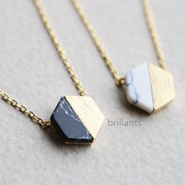 Hexagon necklace, White stone, Black stone, Geometric necklace, Howlite necklace, marble stone necklace, Bridesmaid gift, Gift for her