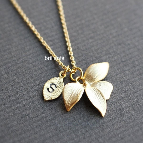 Personalized Orchid flower necklace, Initial necklace, Bridesmaid necklace, Wedding necklace Bridesmaid gift, flower girl gift, gift for her