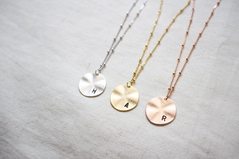 Hammered Texture Personalized Initial necklace, Dew drop chain, Coin, Geometric, Letter, Bridesmaid, Bridesmaid gift, Wedding necklace image 3