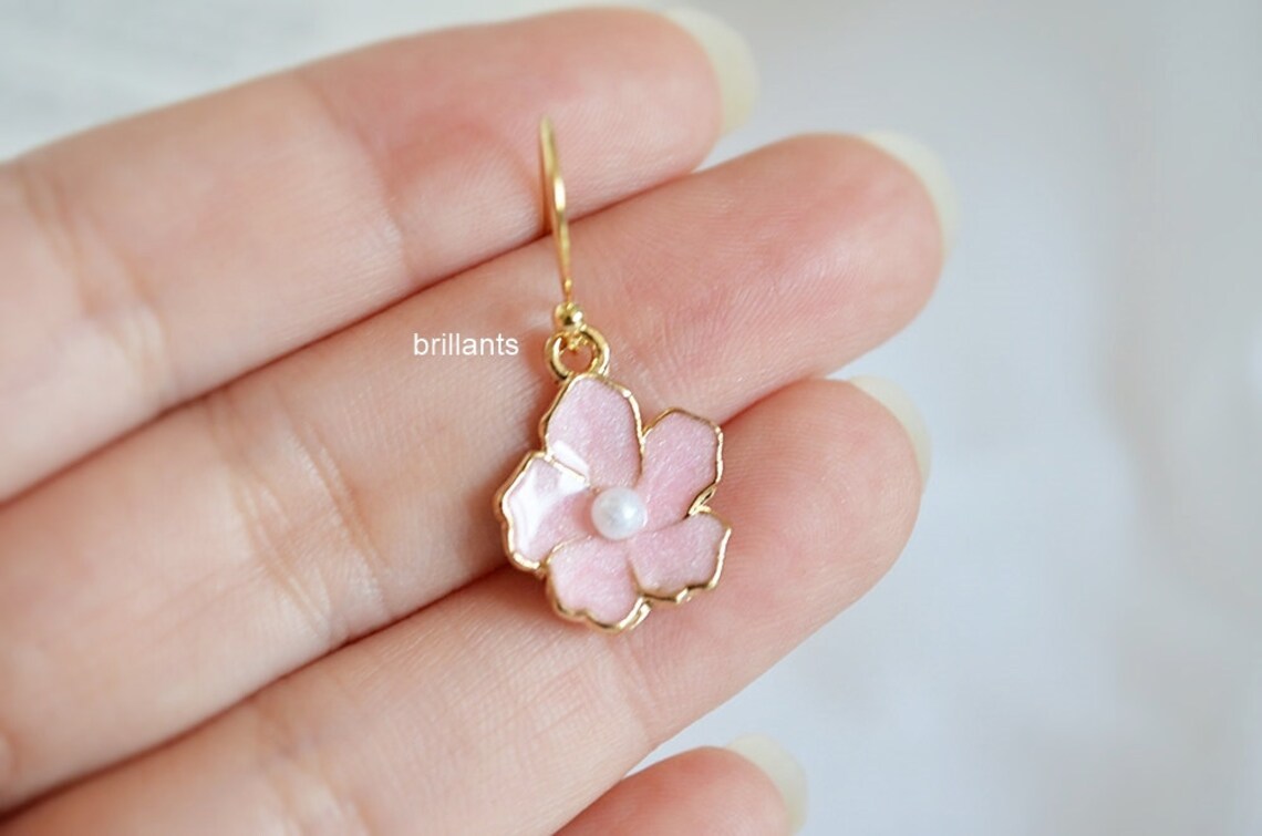 Cherry blossoms earrings in gold Pink flower earrings Etsy