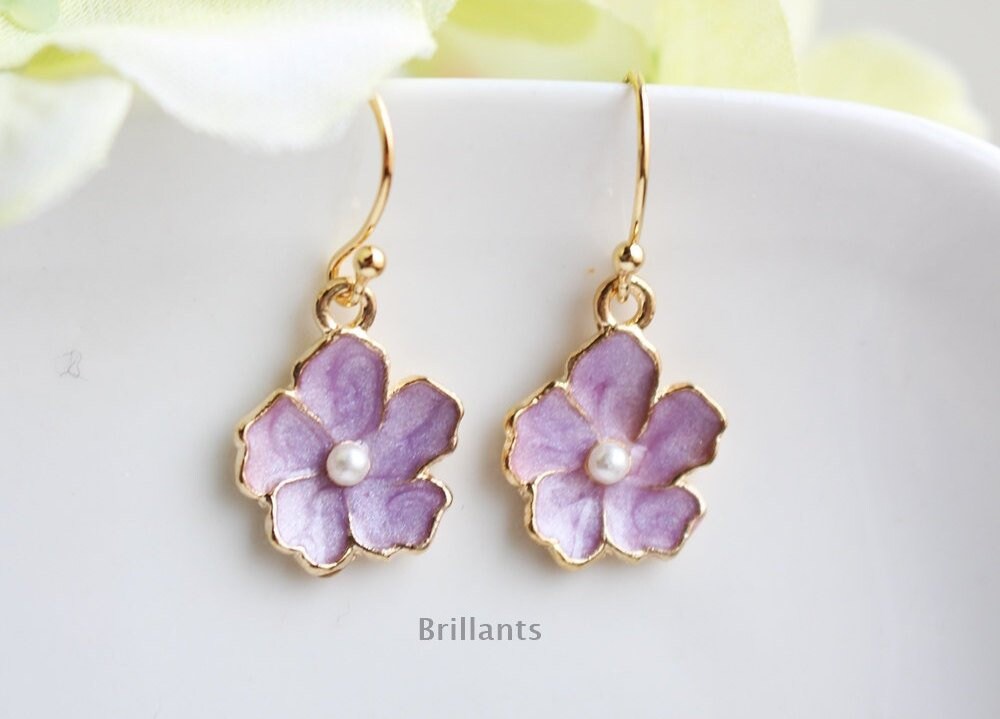 Cherry blossoms earrings in gold Pink flower earrings Etsy