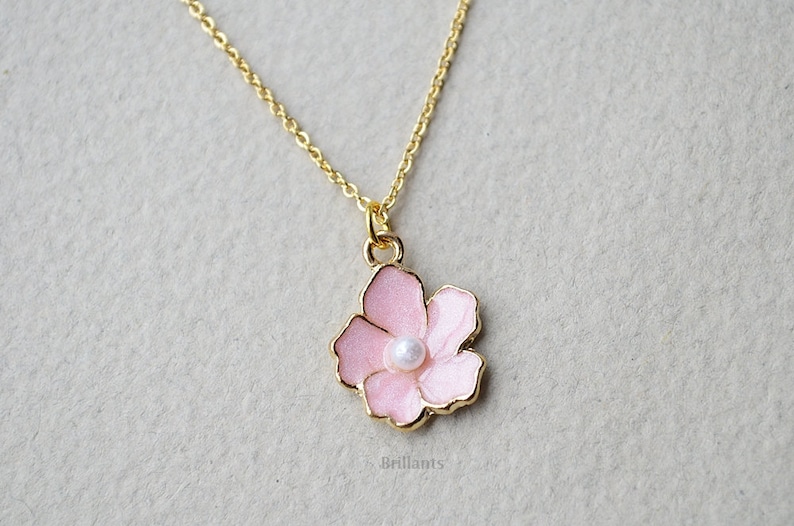 Personalized Cherry blossom necklace, Sakura, Pink flower, Wedding necklace, Bridesmaid gift, Pearl necklace, gift for her, Flower girl gift image 4