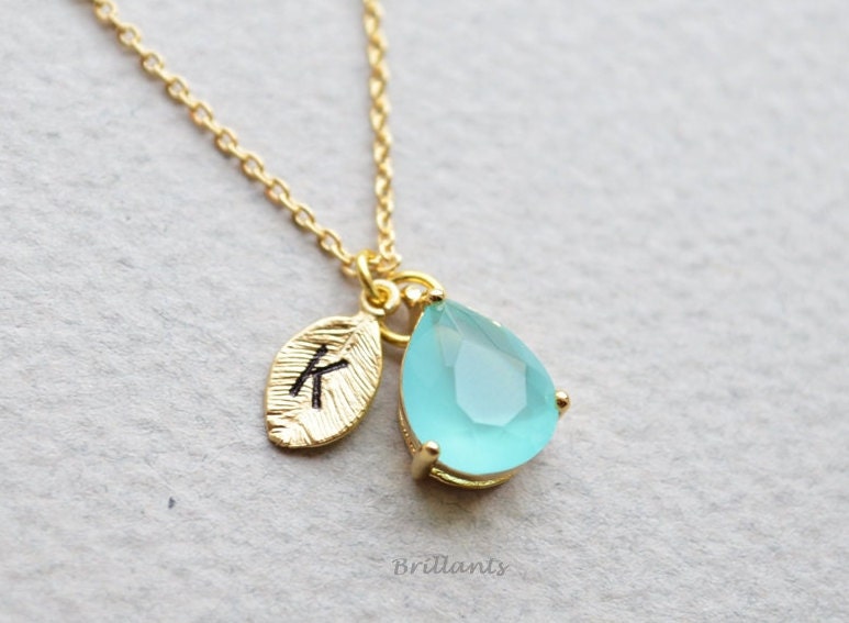 Personalized Mint blue necklace Mint opal necklace Initial Etsy