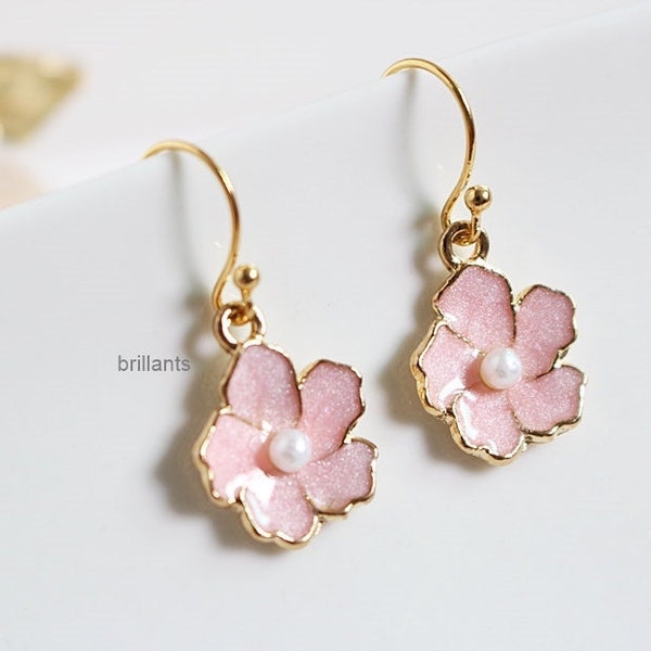 Cherry blossoms earrings, Clip on earrings, Pink flower earrings, Bridesmaid gift, Wedding earrings, mothers day, flower girl gift, for her