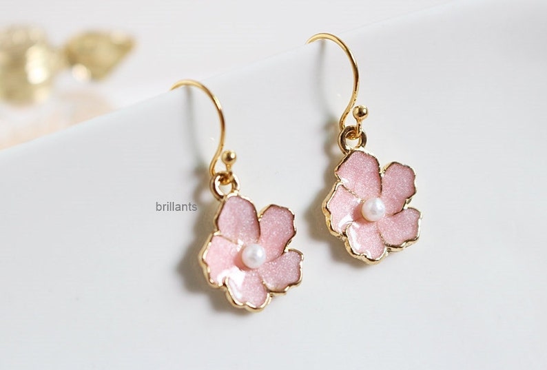 Cherry blossoms earrings in gold Pink flower earrings Etsy