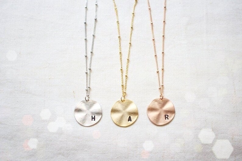 Hammered Texture Personalized Initial necklace, Dew drop chain, Coin, Geometric, Letter, Bridesmaid, Bridesmaid gift, Wedding necklace image 1