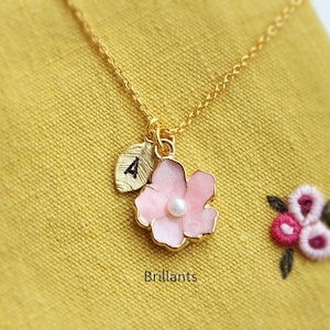 Personalized Cherry blossom necklace, Sakura, Pink flower, Wedding necklace, Bridesmaid gift, Pearl necklace, gift for her, Flower girl gift image 2