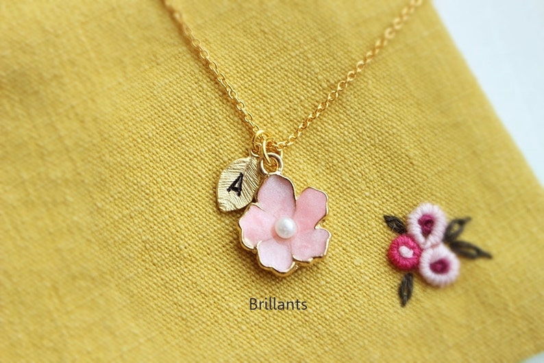 Personalized Cherry blossom necklace, Sakura, Pink flower, Wedding necklace, Bridesmaid gift, Pearl necklace, gift for her, Flower girl gift image 2