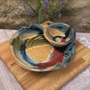 Stoneware Chip Dip, Pottery Chip and Dip, Ayers Pottery, Blue Splash, Chip and Dip, Serving Dish
