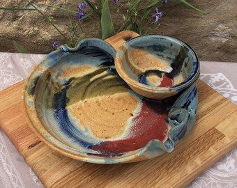 Stoneware Chip Dip, Pottery Chip and Dip, Ayers Pottery, Blue Splash, Chip and Dip, Serving Dish