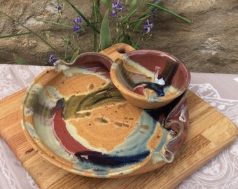 Stoneware Chip Dip, Pottery Chip and Dip, Ayers Pottery, Red Splash, Chip and Dip, Serving Dish