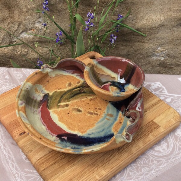 Stoneware Chip Dip, Pottery Chip and Dip, Ayers Pottery, Red Splash, Chip and Dip, Serving Dish