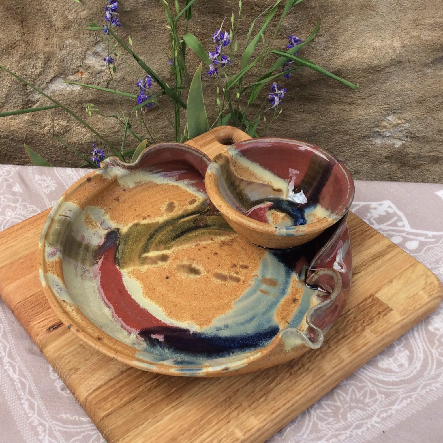 Vintage Chip And Dip Pottery Platter Polish Pottery Serving Dishes - Main Image