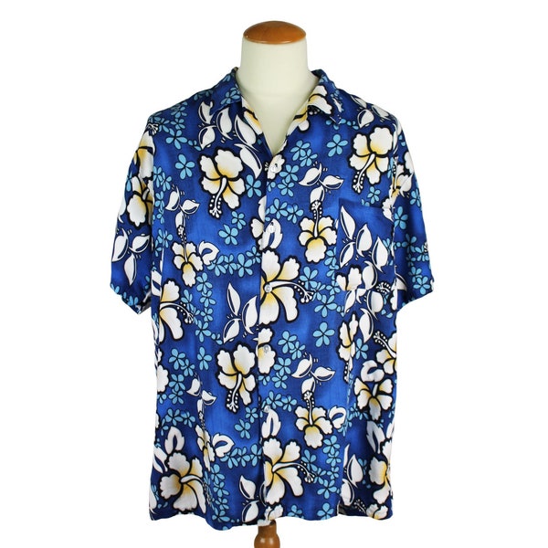 Vintage 1990's Hawaiian Aloha Floral Surf Beach Tropical Tiki Hippie Bohemian Indie Punk Short Sleeve Oxford Button Up Shirt Unisex Adult XL
