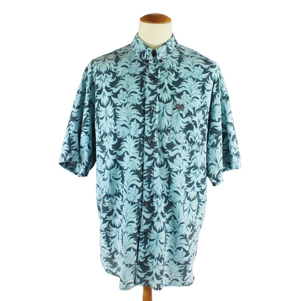 Vintage 1990's Quiksilver Hawaiian Floral Tiki Aloha Surf Beach Tribal Psychedelic Short Sleeve Oxford Button Up Shirt Unisex Adult XL/XXL