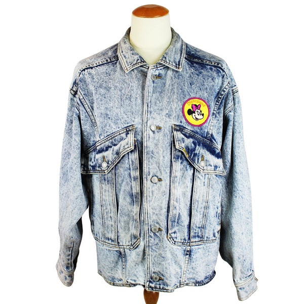 Vintage 1980's Jordache Disneyland Minnie Mouse Denim Jacket UpCycled Custom One of One Stone Acid Wash Jean Coat Unisex Adult Size Large/XL