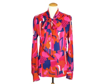 Vintage 1970's Psychedelic Abstract Vibrant Colourful Bohemian Hippie Indie Long Sleeve Tie Collar Blouse Shirt Top Unisex Adult Size Small