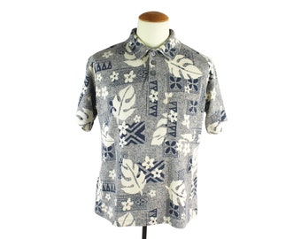 Vintage 1990's Quiksilver Floral Tiki Hawaiian Aloha Polynesian Surf Beach Polo Style Short Sleeve Button Up Shirt Unisex Adult Size Medium