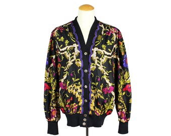 Vintage 1990’s Floral Tropical Psychedelic Bohemian Hippie Tiki Goth Glam Chic Cardigan Lightweight Button Up Jacket Unisex Adult Size Large