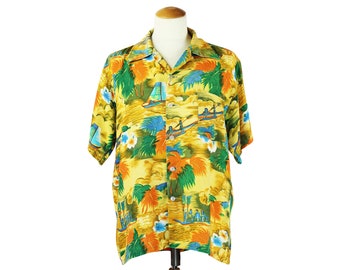 Vintage 1960's Aloha National Coast to Coast Shirt Shops 100% Rayon Made in Japan Tiki Tropical Hawaiian Top Unisex Adult Size Medium/Large