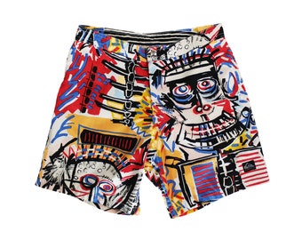 Vintage 1980's Quiksilver Swim Shorts Original Iconic Ultra Rare Jean-Michel Basquiat Art Vibe Surf Beach Bottoms Unisex Adult Size 31"-32"