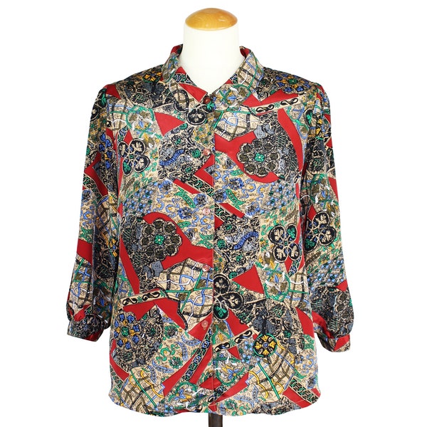 Vintage 1960's Sun Hung Psychedelic kaleidoscope Hypnotic Paisley Transcendental Art Boho Hippie Prairie Vaporwave Chic 3/4 Sleeve Blouse