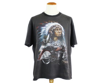 Vintage 1990's Native American Motorcycle T-Shirt Iconic USA Faded Worn to Perfection Country Western Boho Grunge Top Unisex Adult Size XL