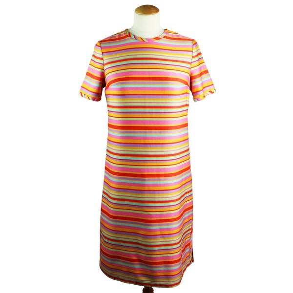 Vintage 1960's Striped Rainbow Dress Boho Psychedelic Mod Chic Beautiful Cotton Short Sleeve Iconic One of a Kind European Size 38 / US S-M