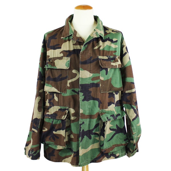 Vintage 1970's Camouflage Military BDU Jacket Official USA Iconic Versatile Streetwear Earth Tone 4 Pocket Coat Unisex Adult Size xl / xxl