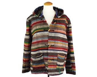 Vintage 1970’s Rainbow Striped Hooded Jacket Handmade in Darjeeling India Worn to Perfection Heavy Duty Material Unisex Adult Size Medium