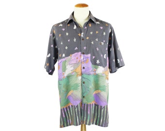 Vintage 1990's Mel Richman Celestial Pastel Psychedelic Boho Art Collard Short Sleeve Button Up Cotton Oxford Shirt Unisex Adult Size Large