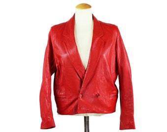 Vintage 1980's Pelle Studio London Vibrant Lip Stick Red Leather Blazer Jacket Iconic Glam Chic Bliss Coat Unisex Adult Size Small / Medium