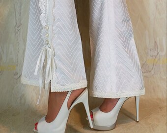 Embroidered Pearl White Boot Cut Pants embellished with Pearls and Delicate Lace