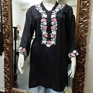 Black Raw Silk Embroidered Kurti Shirt: Fine Floral Embroidery